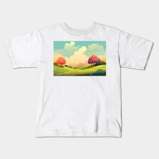 Abstract landscape with hills and trees and cloudy sky. Kids T-Shirt